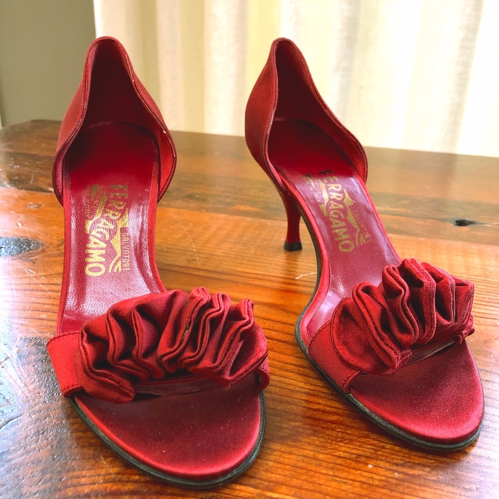 Ferragamo red satin kitten heel open toe.  NWT